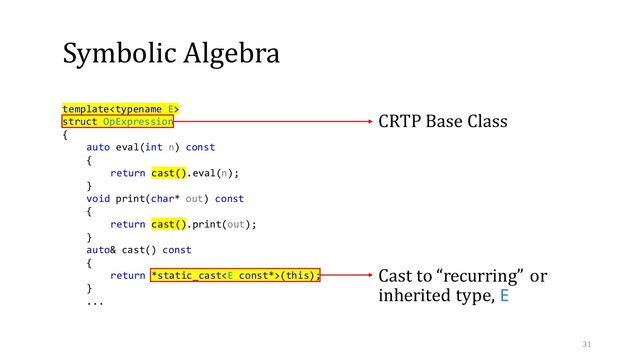 Cast to “recurring” or
inherited type, E
template
struct OpExpression
{
auto eval(int n) const
{
return cast().eval(n);
}
void print(char* out) const
{
return cast().print(out);
}
auto& cast() const
{
return *static_cast(this);
}
...
Symbolic Algebra
CRTP Base Class
31
