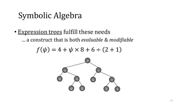 • Expression trees fulfill these needs
… a construct that is both evaluable & modifiable
Symbolic Algebra
1
2
+
+
÷
6
𝜓 8
× +
4
61
