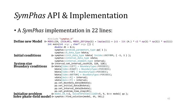 SymPhas API & Implementation
• A SymPhas implementation in 22 lines:
#include "symphas.h"
MODEL(EX, (SCALAR), MODEL_DEF(dop(1) = lap(op(1)) + (c1 - lit (4.) * c2 * op(1) * op(1)) * op(1)))
int main(int argc , char* argv []) {
double dt = 0.1;
symphas::problem_parameters_type pp{ 1 };
symphas::b_data_type bdata;
symphas::init_data_type tdata{ Inside::UNIFORM, { -1, 1 } };
symphas::interval_data_type vdata;
symphas::interval_element_type interval;
interval.set_interval_count(0, 128, 128);
bdata[Side::LEFT] = BoundaryType::PERIODIC;
bdata[Side::RIGHT] = BoundaryType::PERIODIC;
bdata[Side::TOP] = BoundaryType::PERIODIC;
bdata[Side::BOTTOM] = BoundaryType::PERIODIC;
vdata[Axis::X] = interval;
vdata[Axis::Y] = interval;
pp.set_boundary_data(&bdata);
pp.set_initial_data(&tdata);
pp.set_interval_data(&vdata);
pp.set_problem_time_step(dt);
model_EX_t<2, SolverSP>> model{ pp };
symphas::find_solution(model, dt, 50);}
Define new Model . ⊳
Solve phase-field model ⊳
Boundary conditions ⊳
Initial conditions … ⊳
System size … . ⊳
Initialize problem … ⊳
62
