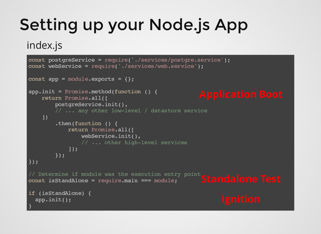 Setting up your Node.js App
const postgreService = require('./services/postgre.service');
const webService = require('./services/web.service');
const app = module.exports = {};
app.init = Promise.method(function () {
return Promise.all([
postgreService.init(),
// ... any other low-level / datastore service
])
.then(function () {
return Promise.all([
webService.init(),
// ... other high-level services
]);
});
});
// Determine if module was the execution entry point
const isStandAlone = require.main === module;
if (isStandAlone) {
app.init();
}
index.js
Application Boot
Standalone Test
Ignition
