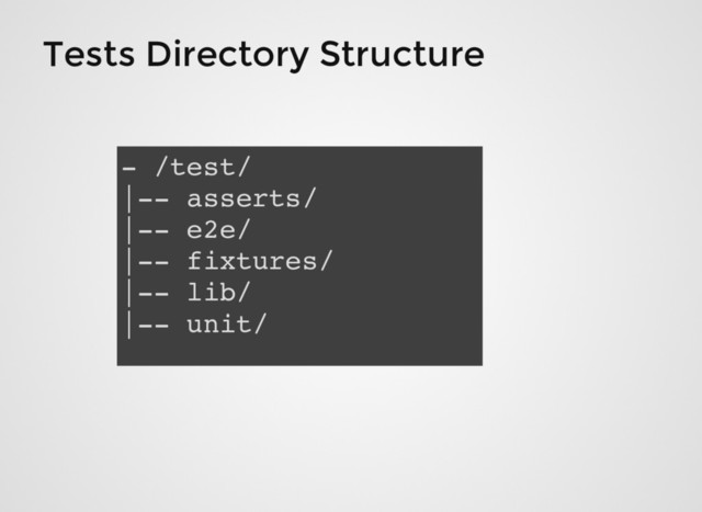 Tests Directory Structure
- /test/
|-- asserts/
|-- e2e/
|-- fixtures/
|-- lib/
|-- unit/
