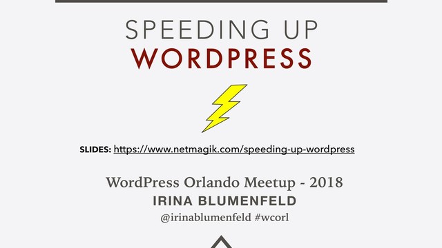 SPEEDING UP
WORDPRESS
WordPress Orlando Meetup - 2018
IRINA BLUMENFELD
@irinablumenfeld #wcorl
SLIDES: https://www.netmagik.com/speeding-up-wordpress
