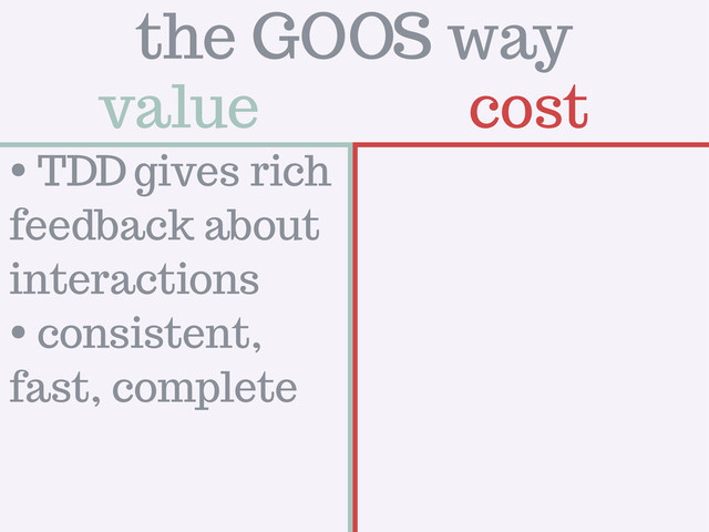 value cost
the GOOS way
• TDD gives rich
feedback about
interactions
• consistent,
fast, complete
