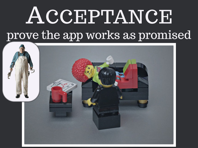ACCEPTANCE
prove the app works as promised
