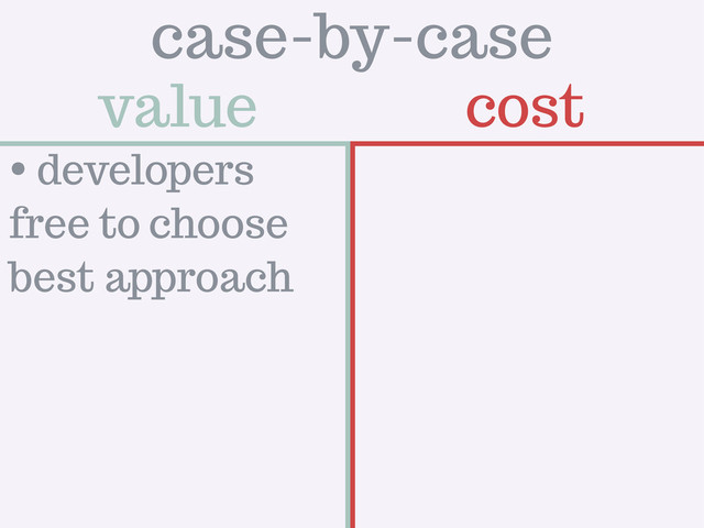 value cost
case-by-case
• developers
free to choose
best approach

