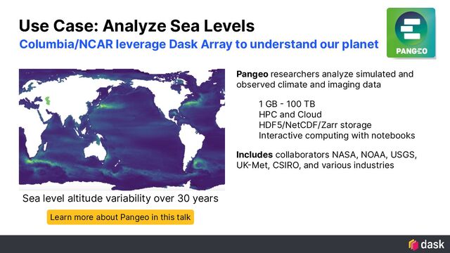 Use Case: Analyze Sea Levels
Pangeo researchers analyze simulated and
observed climate and imaging data
1 GB - 100 TB
HPC and Cloud
HDF5/NetCDF/Zarr storage
Interactive computing with notebooks
Includes collaborators NASA, NOAA, USGS,
UK-Met, CSIRO, and various industries
Learn more about Pangeo in this talk
Sea level altitude variability over 30 years
Columbia/NCAR leverage Dask Array to understand our planet
