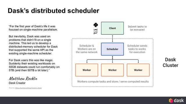 Dask’s distributed scheduler
“For the first year of Dask’s life it was
focused on single-machine parallelism.
But inevitably, Dask was used on
problems that didn’t fit on a single
machine. This led us to develop a
distributed-memory scheduler for Dask
that supported the same API as the
existing single-machine scheduler.
For Dask users this was like magic.
Suddenly their existing workloads on
50GB datasets could run comfortably on
5TB (and then 50TB a bit later).”
Matthew Rocklin
Dask Creator
Source https://coiled.io/blog/history-dask/
