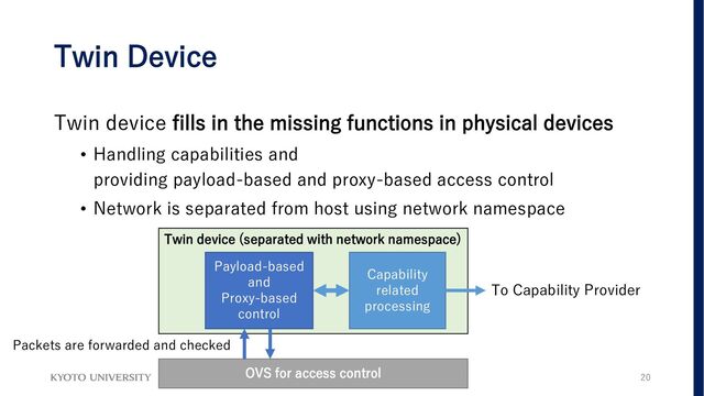 Twin Device
Twin device fills in the missing functions in physical devices
• Handling capabilities and
providing payload-based and proxy-based access control
• Network is separated from host using network namespace
20
OVS for access control
Twin device (separated with network namespace)
Payload-based
and
Proxy-based
control
Capability
related
processing
To Capability Provider
Packets are forwarded and checked
