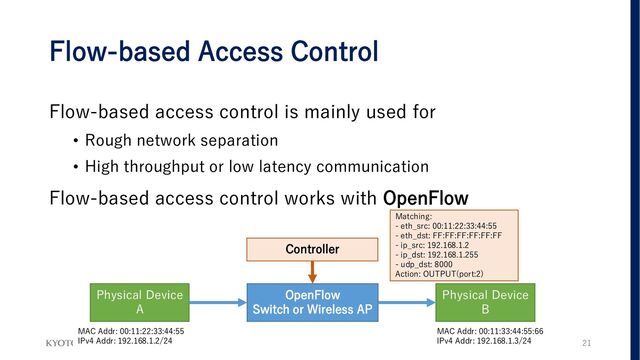 Flow-based Access Control
Flow-based access control is mainly used for
• Rough network separation
• High throughput or low latency communication
Flow-based access control works with OpenFlow
21
Physical Device
A
Physical Device
B
OpenFlow
Switch or Wireless AP
Controller
Matching:
- eth_src: 00:11:22:33:44:55
- eth_dst: FF:FF:FF:FF:FF:FF
- ip_src: 192.168.1.2
- ip_dst: 192.168.1.255
- udp_dst: 8000
Action: OUTPUT(port:2)
MAC Addr: 00:11:22:33:44:55
IPv4 Addr: 192.168.1.2/24
MAC Addr: 00:11:33:44:55:66
IPv4 Addr: 192.168.1.3/24
