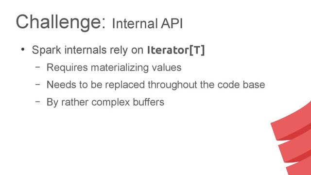 Challenge: Internal API
●
Spark internals rely on Iterator[T]
– Requires materializing values
– Needs to be replaced throughout the code base
– By rather complex buffers
