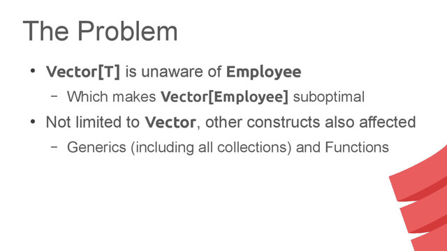 The Problem
●
Vector[T] is unaware of Employee
– Which makes Vector[Employee] suboptimal
●
Not limited to Vector, other constructs also affected
– Generics (including all collections) and Functions

