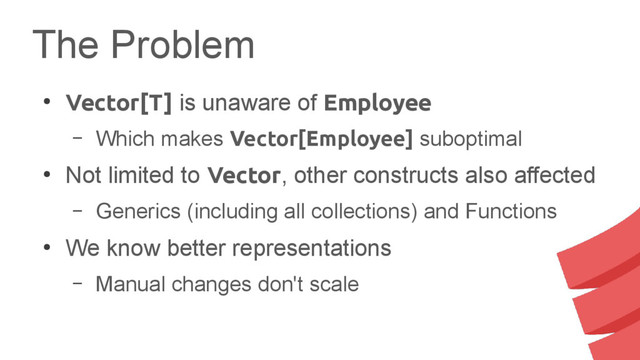 The Problem
●
Vector[T] is unaware of Employee
– Which makes Vector[Employee] suboptimal
●
Not limited to Vector, other constructs also affected
– Generics (including all collections) and Functions
●
We know better representations
– Manual changes don't scale
