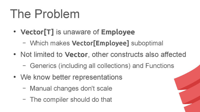 The Problem
●
Vector[T] is unaware of Employee
– Which makes Vector[Employee] suboptimal
●
Not limited to Vector, other constructs also affected
– Generics (including all collections) and Functions
●
We know better representations
– Manual changes don't scale
– The compiler should do that
