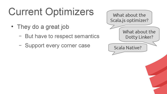 Current Optimizers
●
They do a great job
– But have to respect semantics
– Support every corner case
What about the
Scala.js optimizer?
What about the
Dotty Linker?
Scala Native?
