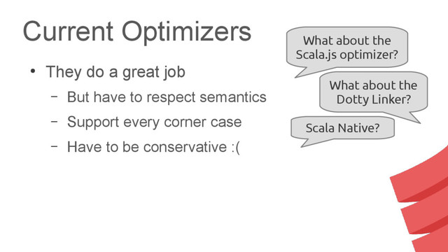 Current Optimizers
●
They do a great job
– But have to respect semantics
– Support every corner case
– Have to be conservative :(
What about the
Scala.js optimizer?
What about the
Dotty Linker?
Scala Native?
