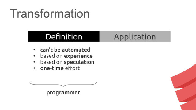 Transformation
programmer
Definition Application
●
can't be automated
●
based on experience
●
based on speculation
●
one-time effort

