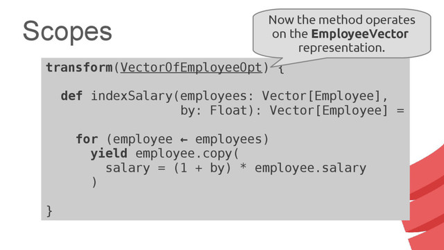 Scopes
transform(VectorOfEmployeeOpt) {
def indexSalary(employees: Vector[Employee],
by: Float): Vector[Employee] =
for (employee ← employees)
yield employee.copy(
salary = (1 + by) * employee.salary
)
}
Now the method operates
on the EmployeeVector
representation.
