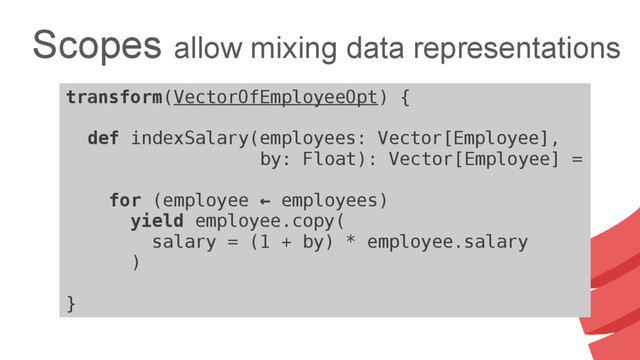 Scopes allow mixing data representations
transform(VectorOfEmployeeOpt) {
def indexSalary(employees: Vector[Employee],
by: Float): Vector[Employee] =
for (employee ← employees)
yield employee.copy(
salary = (1 + by) * employee.salary
)
}
