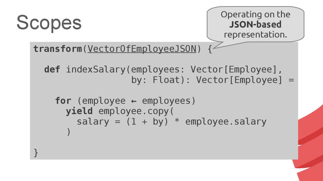 Scopes
transform(VectorOfEmployeeJSON) {
def indexSalary(employees: Vector[Employee],
by: Float): Vector[Employee] =
for (employee ← employees)
yield employee.copy(
salary = (1 + by) * employee.salary
)
}
Operating on the
JSON-based
representation.
