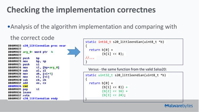 Checking the implementation correctnes
•Analysis of the algorithm implementation and comparing with
the correct code
static int16_t s20_littleendian(uint8_t *b)
{
return b[0] +
(b[1] << 8);
//...
}
static uint32_t s20_littleendian(uint8_t *b)
{
return b[0] +
(b[1] << 8)} +
(b[2] << 16) +
(b[3] << 24);
}
Versus - the same function from the valid Salsa20:
