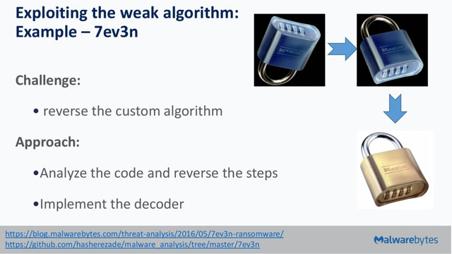 Exploiting the weak algorithm:
Example – 7ev3n
Challenge:
• reverse the custom algorithm
Approach:
•Analyze the code and reverse the steps
•Implement the decoder
https://blog.malwarebytes.com/threat-analysis/2016/05/7ev3n-ransomware/
https://github.com/hasherezade/malware_analysis/tree/master/7ev3n

