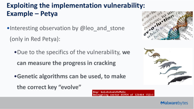 Exploiting the implementation vulnerability:
Example – Petya
•Interesting observation by @leo_and_stone
(only in Red Petya):
•Due to the specifics of the vulnerability, we
can measure the progress in cracking
•Genetic algorithms can be used, to make
the correct key “evolve”
