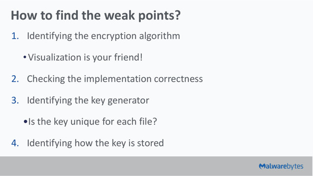 How to find the weak points?
1. Identifying the encryption algorithm
•Visualization is your friend!
2. Checking the implementation correctness
3. Identifying the key generator
•Is the key unique for each file?
4. Identifying how the key is stored
