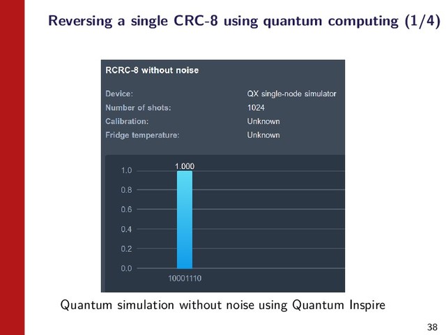 38
Reversing a single CRC-8 using quantum computing (1/4)
Quantum simulation without noise using Quantum Inspire
