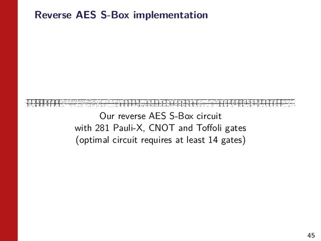 45
Reverse AES S-Box implementation
Our reverse AES S-Box circuit
with 281 Pauli-X, CNOT and Toﬀoli gates
(optimal circuit requires at least 14 gates)
