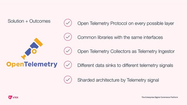 Solution + Outcomes Open Telemetry Protocol on every possible layer
Common libraries with the same interfaces
Open Telemetry Collectors as Telemetry Ingestor
Diﬀerent data sinks to diﬀerent telemetry signals
Sharded architecture by Telemetry signal
