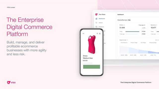 Build, manage, and deliver
proﬁtable ecommerce
businesses with more agility
and less risk.
The Enterprise
Digital Commerce
Platform
VTEX context
