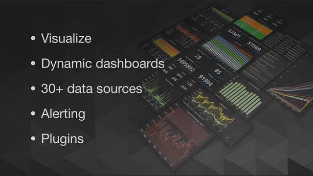• Visualize

• Dynamic dashboards

• 30+ data sources

• Alerting

• Plugins

