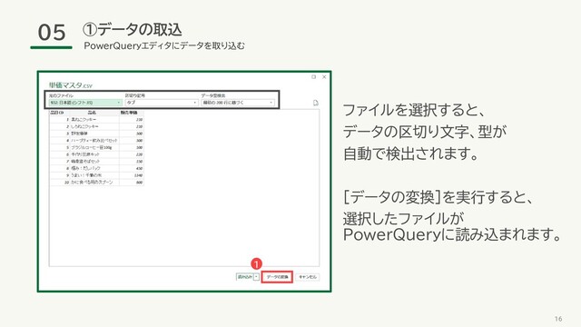 ①データの取込
16
PowerQueryエディタにデータを取り込む
05
1
ファイルを選択すると、
データの区切り文字、型が
自動で検出されます。
[データの変換]を実行すると、
選択したファイルが
PowerQueryに読み込まれます。
