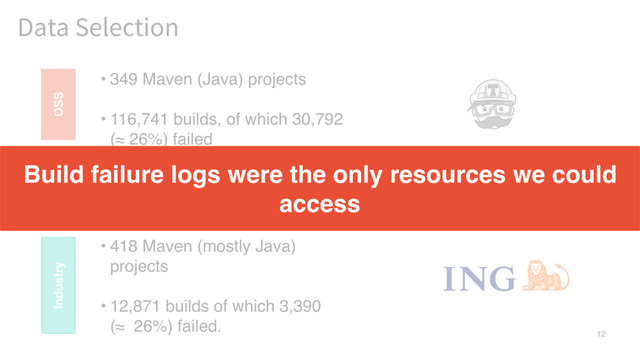 12
Data Selection
• 418 Maven (mostly Java)
projects
• 12,871 builds of which 3,390
(≈ 26%) failed.
• 349 Maven (Java) projects
• 116,741 builds, of which 30,792
(≈ 26%) failed
Industry OSS
Build failure logs were the only resources we could
access
12

