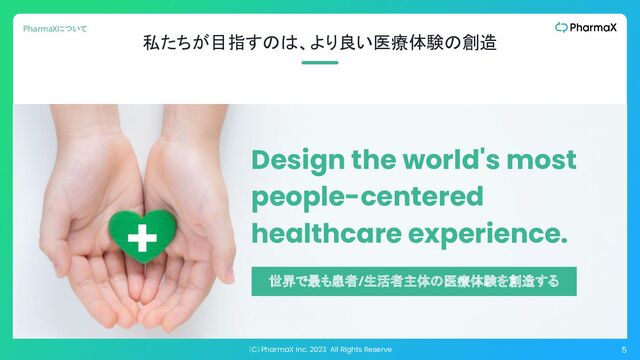 5
（C）PharmaX Inc. 2023 All Rights Reserve
私たちが目指すのは、より良い医療体験の創造
Design the world's most
people-centered
healthcare experience.
PharmaXについて
世界で最も患者/生活者主体の医療体験を創造する
