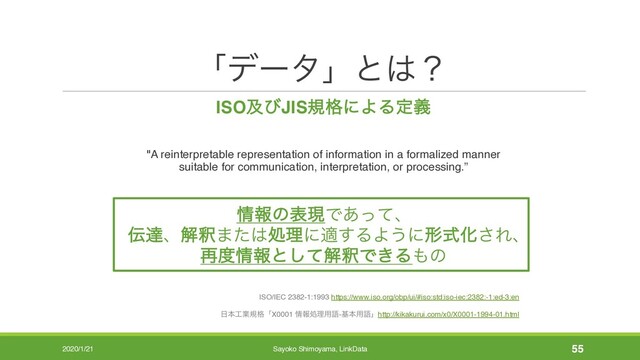 ʮσʔλʯͱ͸ʁ
ISOٴͼJISن֨ʹΑΔఆٛ
"A reinterpretable representation of information in a formalized manner
suitable for communication, interpretation, or processing.”
৘ใͷදݱͰ͋ͬͯɺ
఻ୡɺղऍ·ͨ͸ॲཧʹద͢ΔΑ͏ʹܗࣜԽ͞Εɺ
࠶౓৘ใͱͯ͠ղऍͰ͖Δ΋ͷ
ISO/IEC 2382-1:1993 https://www.iso.org/obp/ui/#iso:std:iso-iec:2382:-1:ed-3:en
೔ຊ޻ۀن֨ʮX0001 ৘ใॲཧ༻ޠ-جຊ༻ޠʯhttp://kikakurui.com/x0/X0001-1994-01.html
2020/1/21 Sayoko Shimoyama, LinkData 55
