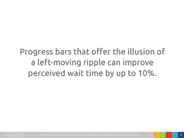 CO NFI DENTI AL – Not f or Dist ribut ion | ©2016 SO ASTA, All right s reserved. | O ct ober 3, 2016 25
Progress bars that offer the illusion of
a left-moving ripple can improve
perceived wait time by up to 10%.
