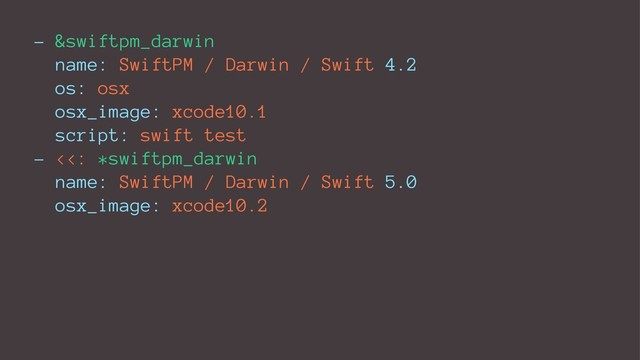 - &swiftpm_darwin
name: SwiftPM / Darwin / Swift 4.2
os: osx
osx_image: xcode10.1
script: swift test
- <<: *swiftpm_darwin
name: SwiftPM / Darwin / Swift 5.0
osx_image: xcode10.2
