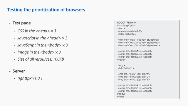 Testing the prioritization of browsers
• Test page
• CSS in the  × 3
• Javascript in the  × 3
• JavaScript in the  × 3
• Image in the  × 3
• Size of all resources: 100KB
• Server
• nghttpx v1.0.1




Test








<h1>Test</h1>
<img src="%E2%80%9Ctests/1.jpg%E2%80%9D" alt="1">
<img src="%E2%80%9Ctests/2.jpg%E2%80%9C" alt="2">
<img src="%E2%80%9Ctests/3.jpg%E2%80%9D" alt="3">





