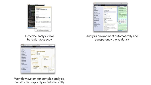 Describe analysis tool
behavior abstractly
Analysis environment automatically and
transparently tracks details
Workflow system for complex analysis,
constructed explicitly or automatically
