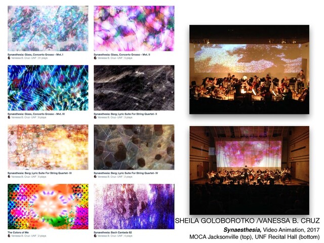 SHEILA GOLOBOROTKO /VANESSA B. CRUZ

Synaesthesia, Video Animation, 2017
MOCA Jacksonville (top), UNF Recital Hall (bottom)
