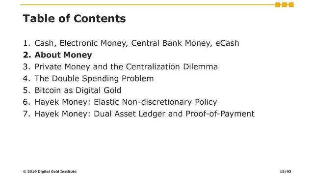 Table of Contents
1. Cash, Electronic Money, Central Bank Money, eCash
2. About Money
3. Private Money and the Centralization Dilemma
4. The Double Spending Problem
5. Bitcoin as Digital Gold
6. Hayek Money: Elastic Non-discretionary Policy
7. Hayek Money: Dual Asset Ledger and Proof-of-Payment
© 2019 Digital Gold Institute 15/93
