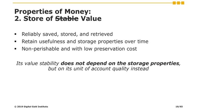 Properties of Money:
2. Store of Stable Value
▪ Reliably saved, stored, and retrieved
▪ Retain usefulness and storage properties over time
▪ Non-perishable and with low preservation cost
Its value stability does not depend on the storage properties,
but on its unit of account quality instead
© 2019 Digital Gold Institute 19/93
