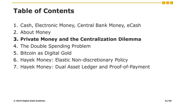 Table of Contents
1. Cash, Electronic Money, Central Bank Money, eCash
2. About Money
3. Private Money and the Centralization Dilemma
4. The Double Spending Problem
5. Bitcoin as Digital Gold
6. Hayek Money: Elastic Non-discretionary Policy
7. Hayek Money: Dual Asset Ledger and Proof-of-Payment
© 2019 Digital Gold Institute 31/93
