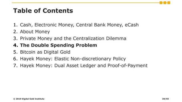 Table of Contents
1. Cash, Electronic Money, Central Bank Money, eCash
2. About Money
3. Private Money and the Centralization Dilemma
4. The Double Spending Problem
5. Bitcoin as Digital Gold
6. Hayek Money: Elastic Non-discretionary Policy
7. Hayek Money: Dual Asset Ledger and Proof-of-Payment
© 2019 Digital Gold Institute 39/93
