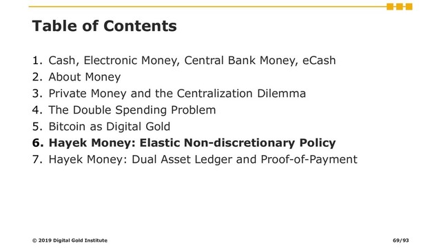Table of Contents
1. Cash, Electronic Money, Central Bank Money, eCash
2. About Money
3. Private Money and the Centralization Dilemma
4. The Double Spending Problem
5. Bitcoin as Digital Gold
6. Hayek Money: Elastic Non-discretionary Policy
7. Hayek Money: Dual Asset Ledger and Proof-of-Payment
© 2019 Digital Gold Institute 69/93
