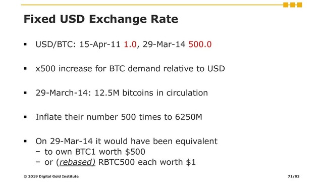 Fixed USD Exchange Rate
▪ USD/BTC: 15-Apr-11 1.0, 29-Mar-14 500.0
▪ x500 increase for BTC demand relative to USD
▪ 29-March-14: 12.5M bitcoins in circulation
▪ Inflate their number 500 times to 6250M
▪ On 29-Mar-14 it would have been equivalent
− to own BTC1 worth $500
− or (rebased) RBTC500 each worth $1
© 2019 Digital Gold Institute 71/93
