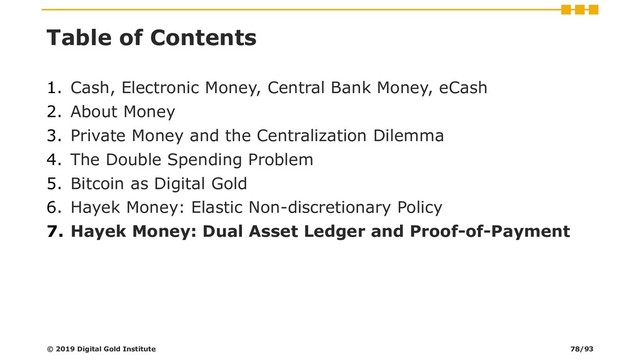 Table of Contents
1. Cash, Electronic Money, Central Bank Money, eCash
2. About Money
3. Private Money and the Centralization Dilemma
4. The Double Spending Problem
5. Bitcoin as Digital Gold
6. Hayek Money: Elastic Non-discretionary Policy
7. Hayek Money: Dual Asset Ledger and Proof-of-Payment
© 2019 Digital Gold Institute 78/93
