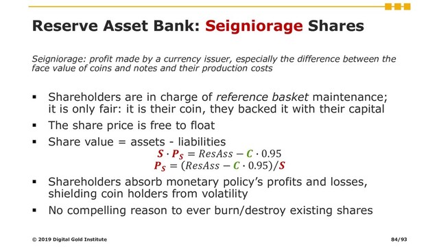 Seigniorage: profit made by a currency issuer, especially the difference between the
face value of coins and notes and their production costs
▪ Shareholders are in charge of reference basket maintenance;
it is only fair: it is their coin, they backed it with their capital
▪ The share price is free to float
▪ Share value = assets - liabilities
 ∙ 
=  −  ∙ 0.95

= Τ
 −  ∙ 0.95 
▪ Shareholders absorb monetary policy’s profits and losses,
shielding coin holders from volatility
▪ No compelling reason to ever burn/destroy existing shares
© 2019 Digital Gold Institute
Reserve Asset Bank: Seigniorage Shares
84/93
