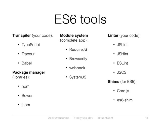 Axel @rauschma Frosty @js_dev #FluentConf
ES6 tools
Transpiler (your code):
• TypeScript
• Traceur
• Babel
Package manager
(libraries):
• npm
• Bower
• jspm 
Module system
(complete app):
• RequireJS
• Browserify
• webpack
• SystemJS 
Linter (your code):
• JSLint
• JSHint
• ESLint
• JSCS
Shims (for ES5):
• Core.js
• es6-shim
13
